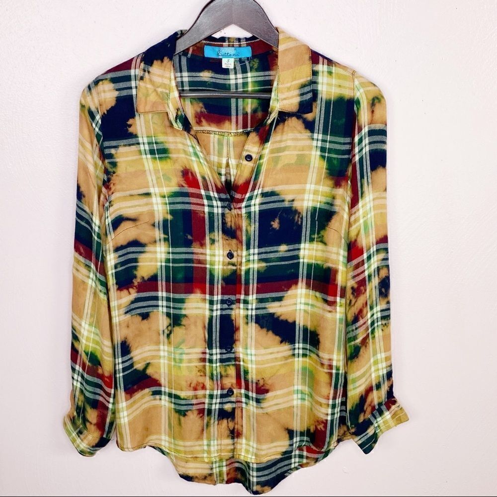 Buttons Bleach Dyed Plaid Flannel Button Front Shirt Peach Small - Picture 6 of 10